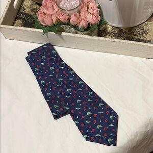 Hermes Navy Blue Silk Tie with Red Rose and Green Leaf Motif